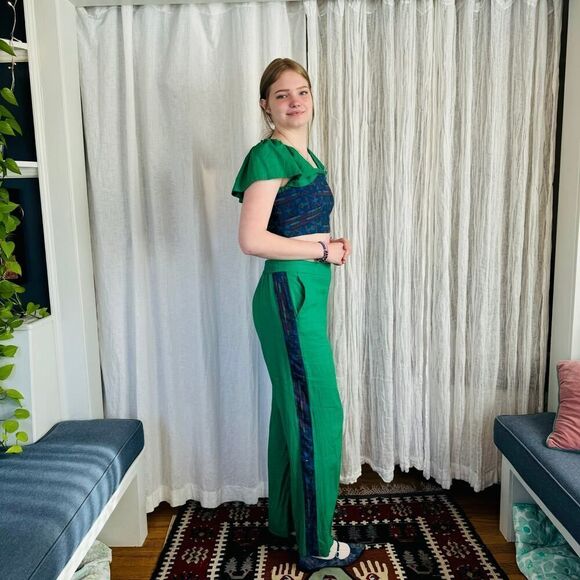 Rachel Zoe Linen Cropped Top and Pants Size Medium Green and Blue Set - Picture 2 of 8